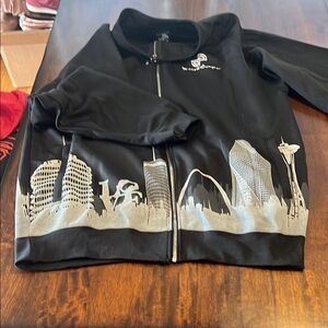 Black Lightweight Jacket with Cityscape Design